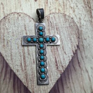 Silver turquoise large cross pendant